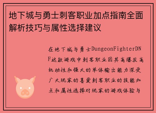 地下城与勇士刺客职业加点指南全面解析技巧与属性选择建议