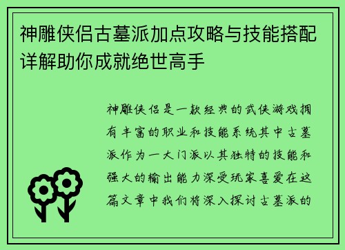 神雕侠侣古墓派加点攻略与技能搭配详解助你成就绝世高手